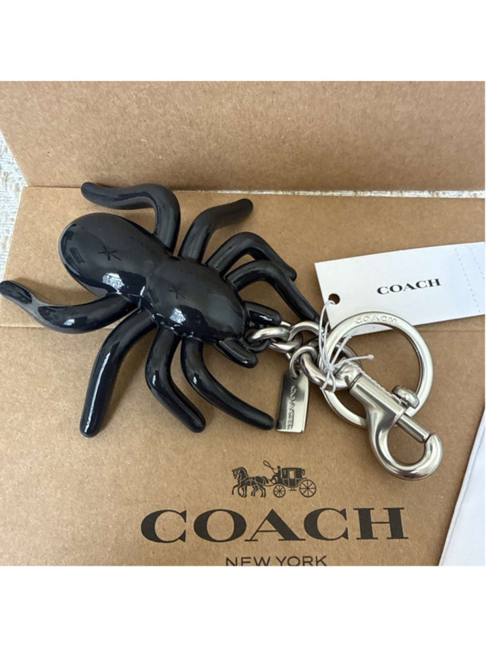 Coach Black Enamel Spider Bag Charm Silver CAX79 NWT Dust Bag & Box To Gift